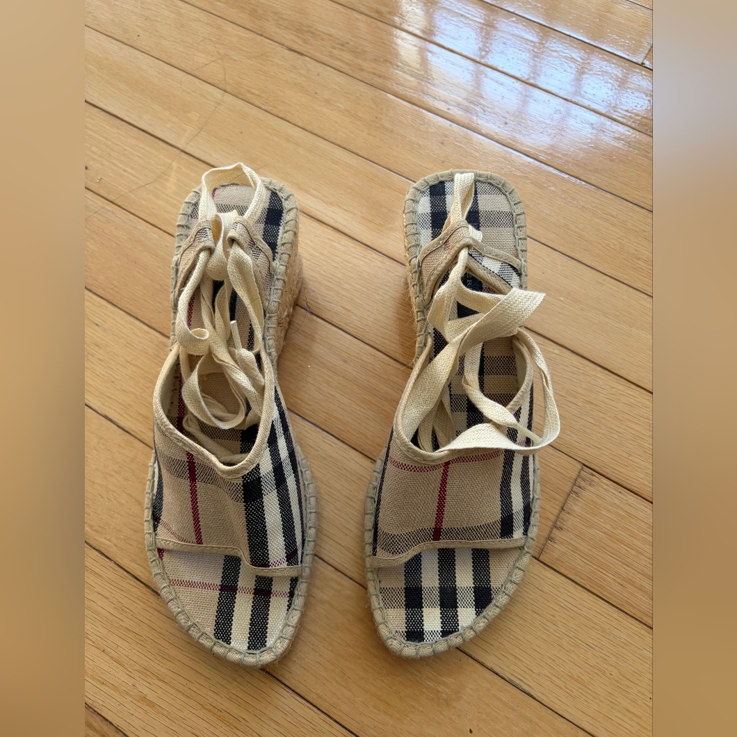 Burberry Beige Plaid Lace-Up Espadrille Sandals